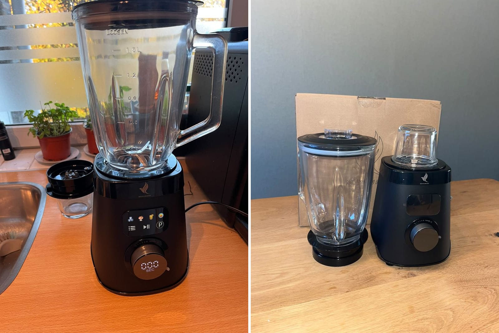 NovaWare blender met koffiemolen: glazen kan op het motorblok, en kan en maalbeker los naast het apparaat