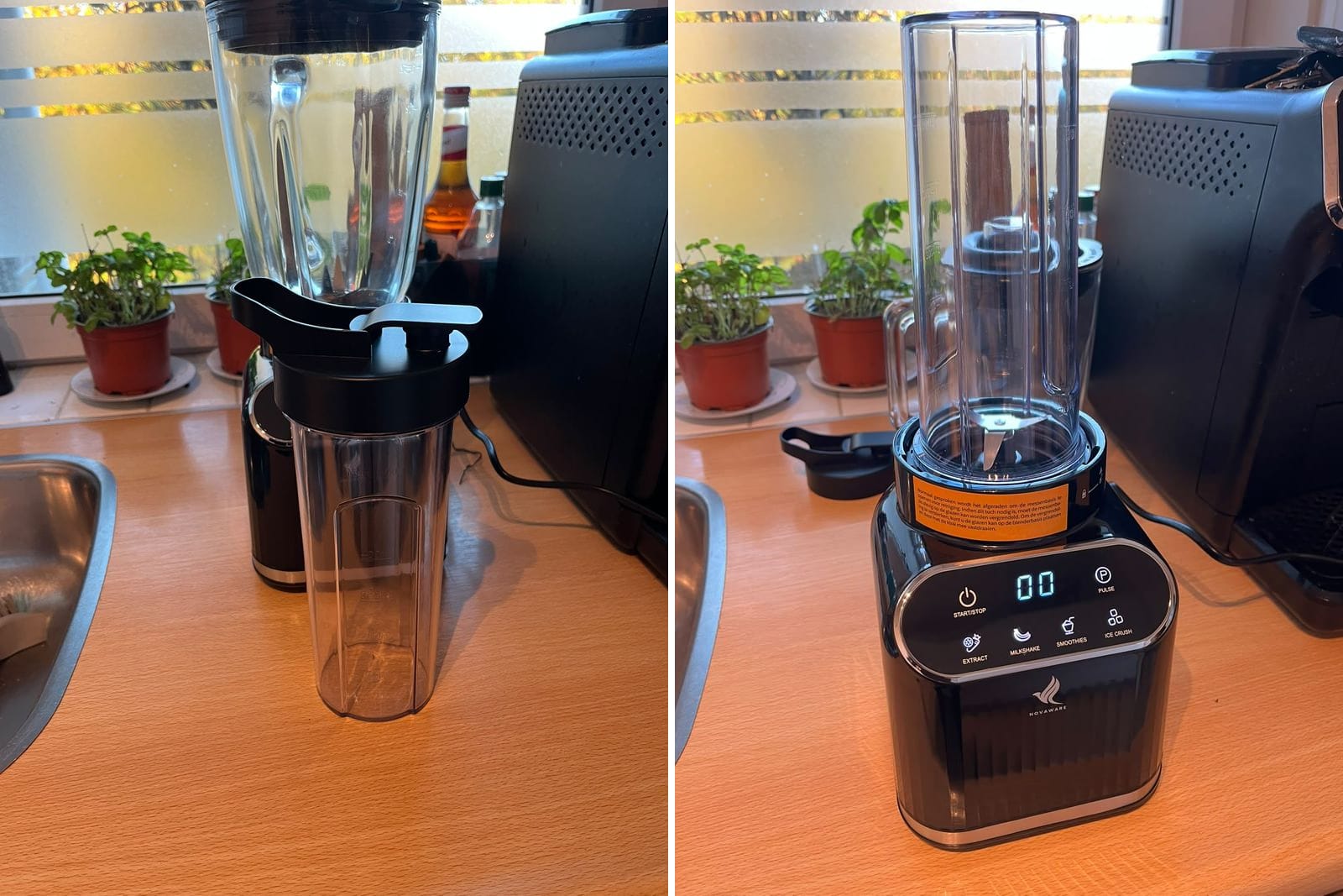 De kunststof to-go beker van de NovaWare blender met drinkdeksel, en de beker met mes op het motorblok