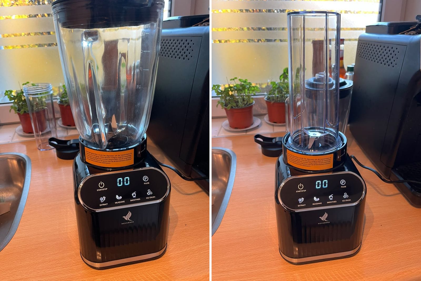 NovaWare blender TB-8008 met de glazen kan op het motorblok, en dezelfde blender met de to-go beker erop