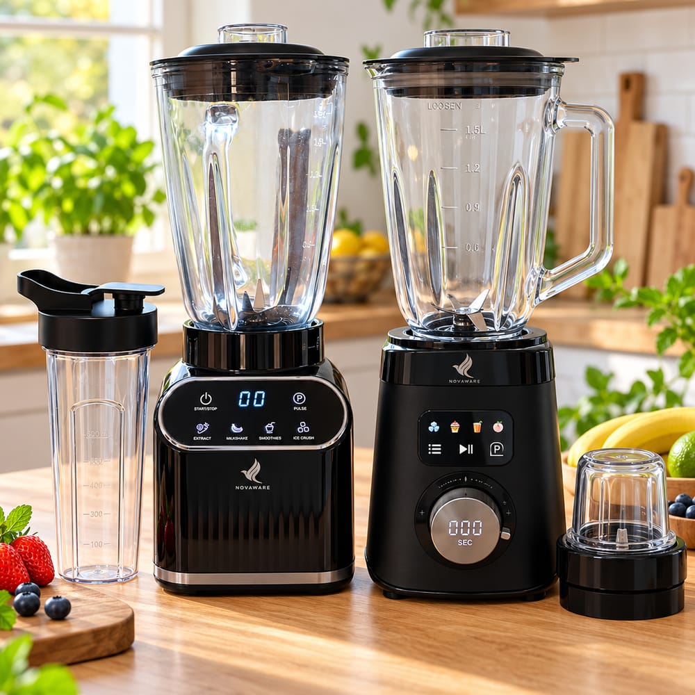 De twee NovaWare-blenders naast elkaar: links de TB-8008 met to-go beker, rechts het model met koffiemolen en maalbeker