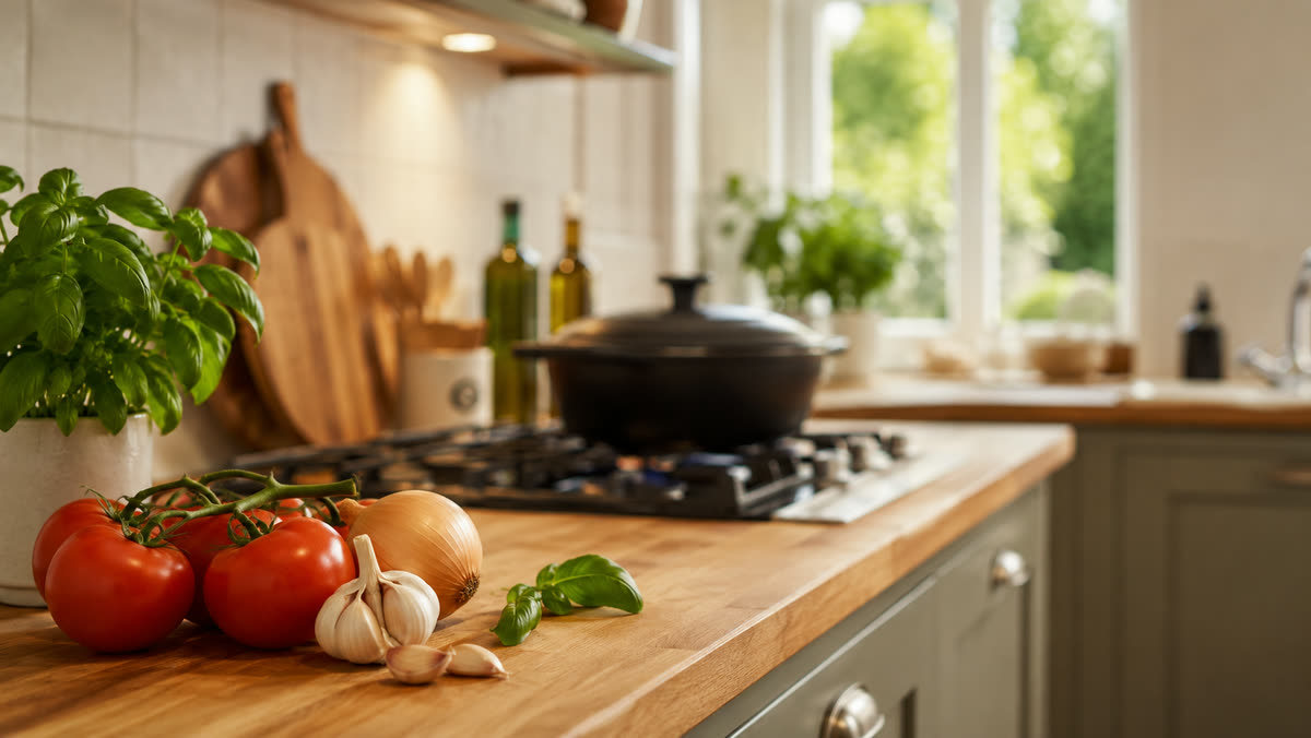 Een keuken met een gietijzeren pan op het gasfornuis en verse tomaten, ui, knoflook en basilicum op een houten werkblad.