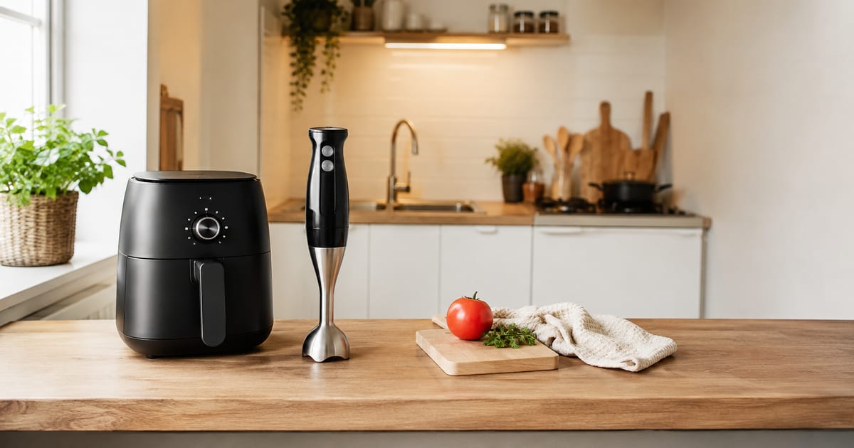 Een airfryer en een staafmixer naast elkaar op een houten keukenblad in een lichte keuken.