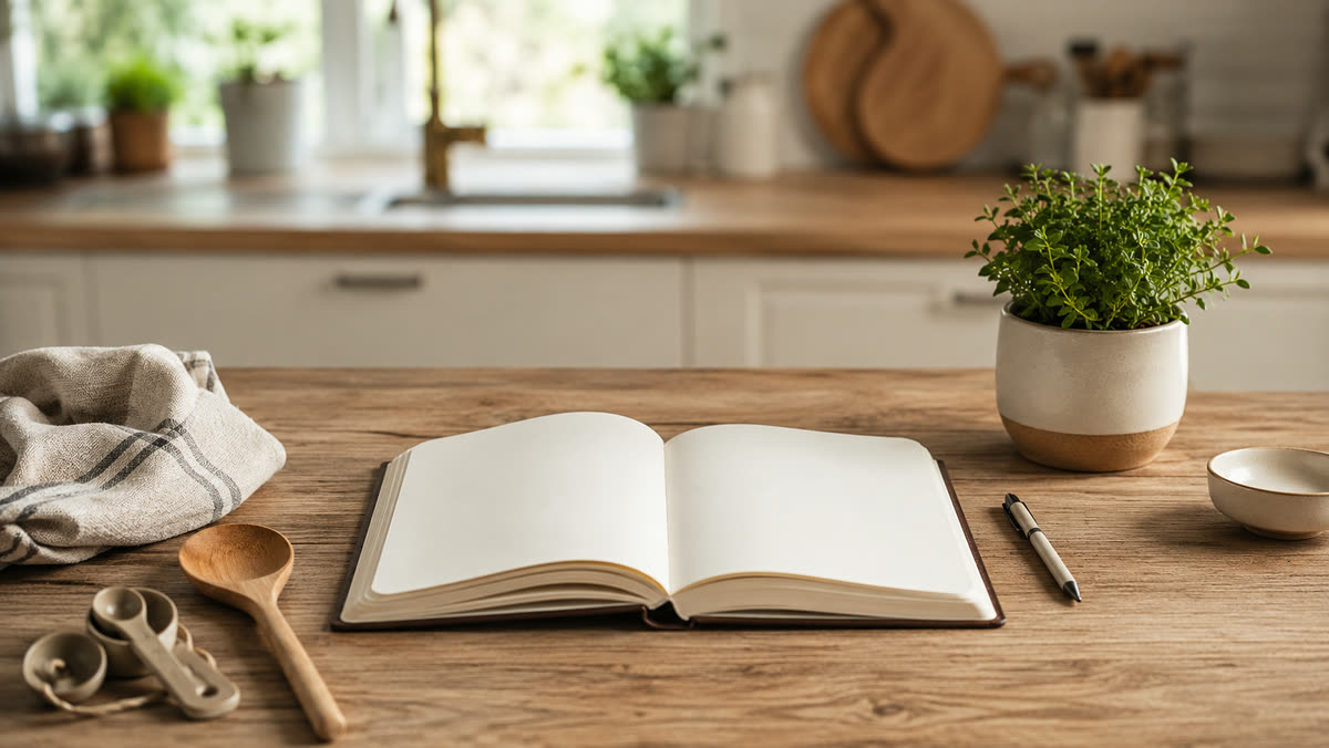 Een open, leeg notitieboek op een houten keukenblad met maatschepjes en een houten spatel.